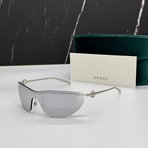 NEW GUCCI WOMEN SHIELD GG1700S 002 SUNGLASSES SILVER GREY GUCCI EYEWEAR - Picture 1 of 11